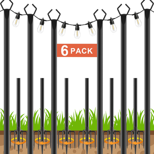 6-Pack 10FT Heavy-Duty Outdoor String Light Poles with Ground Forks