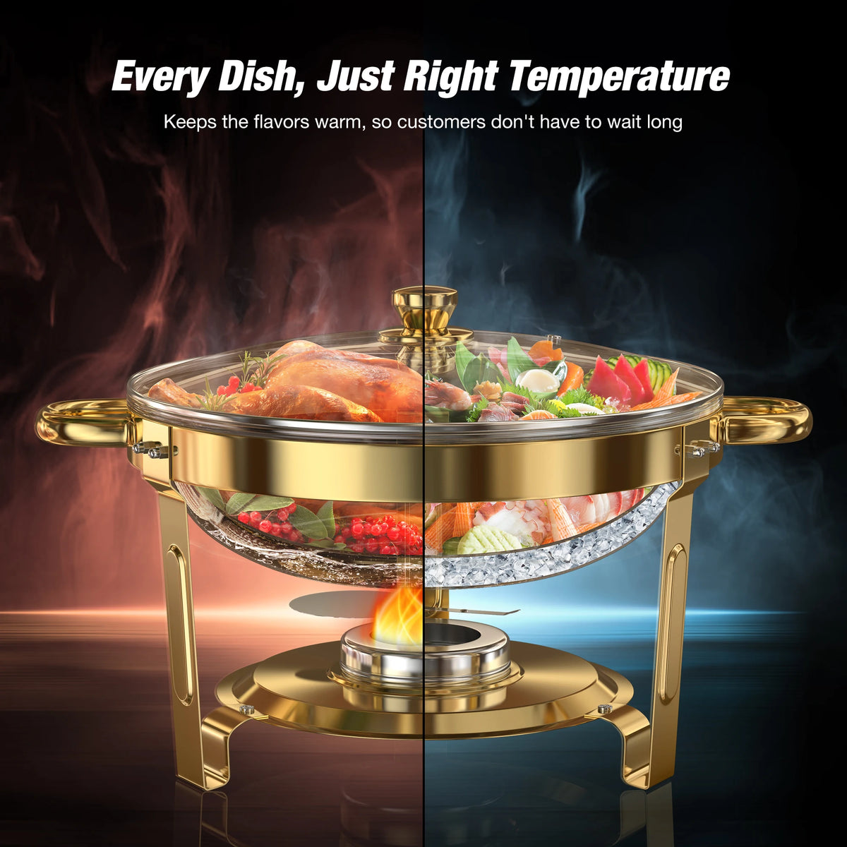 Round Chafing Dishes with Glass Lids – 5 Qt, Gold - 2 or 4 Pack
