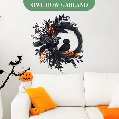 22" Black Halloween Wreath with Owl, Spider Web & Orange Berries
