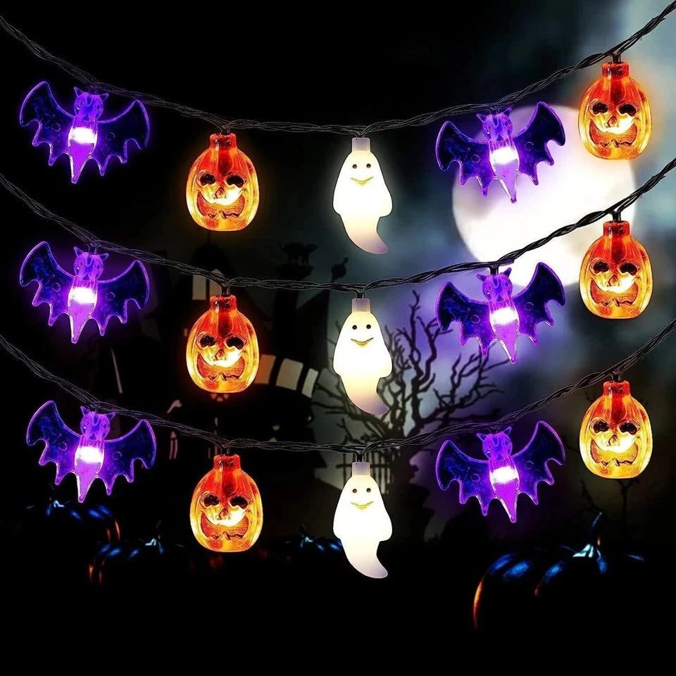 20-Ft Halloween Pumpkin, Bat & Ghost String Lights – 30 LED Battery-Operated Lights with Remote