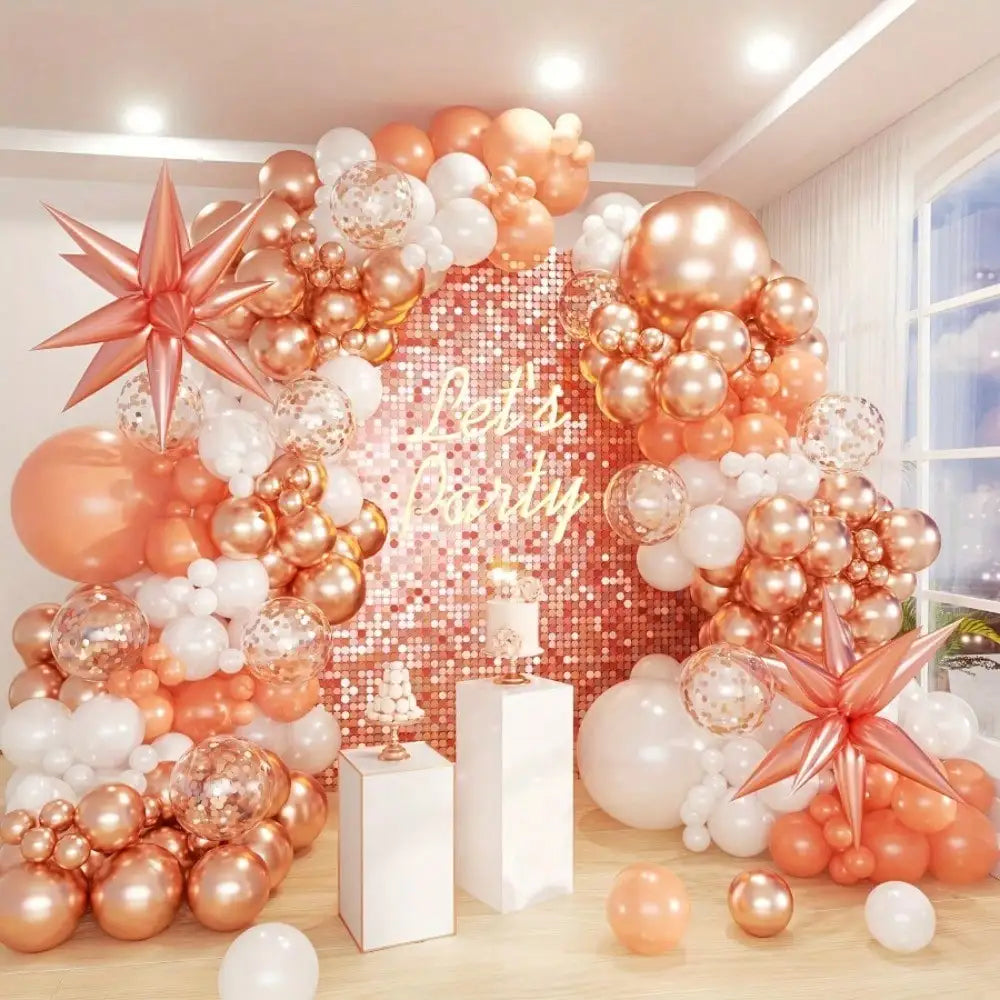 99-Piece Rose Gold, Orange & White Balloon Garland Arch Kit with Star Balloon & Pump