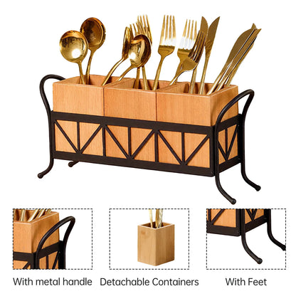 3-Compartment Bamboo Utensil Holder with Black Metal Rack