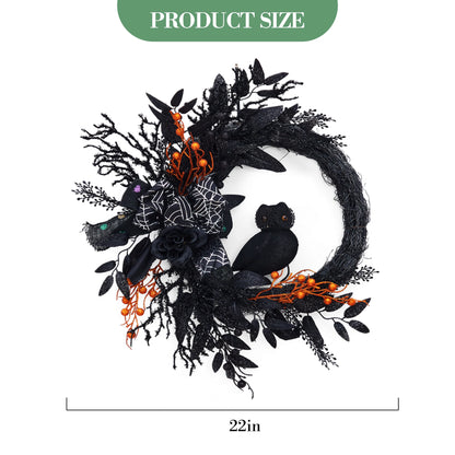 22" Black Halloween Wreath with Owl, Spider Web & Orange Berries