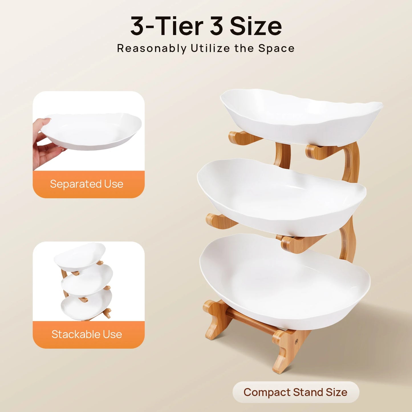 3-Tier Serving Bowl Stand with Bamboo Frame – White or Beige