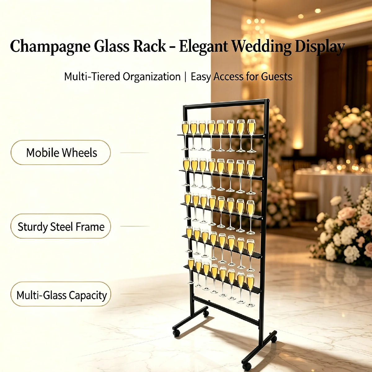 5-Tier Rolling Champagne & Stemware Display Stand – Holds 40 Glasses