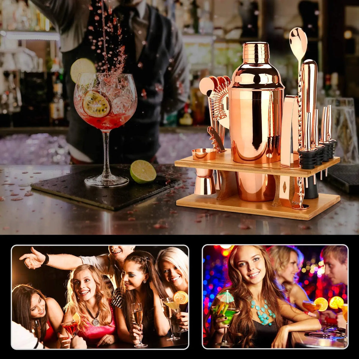 16-Piece Stainless Steel Cocktail Shaker Set with Bamboo Stand