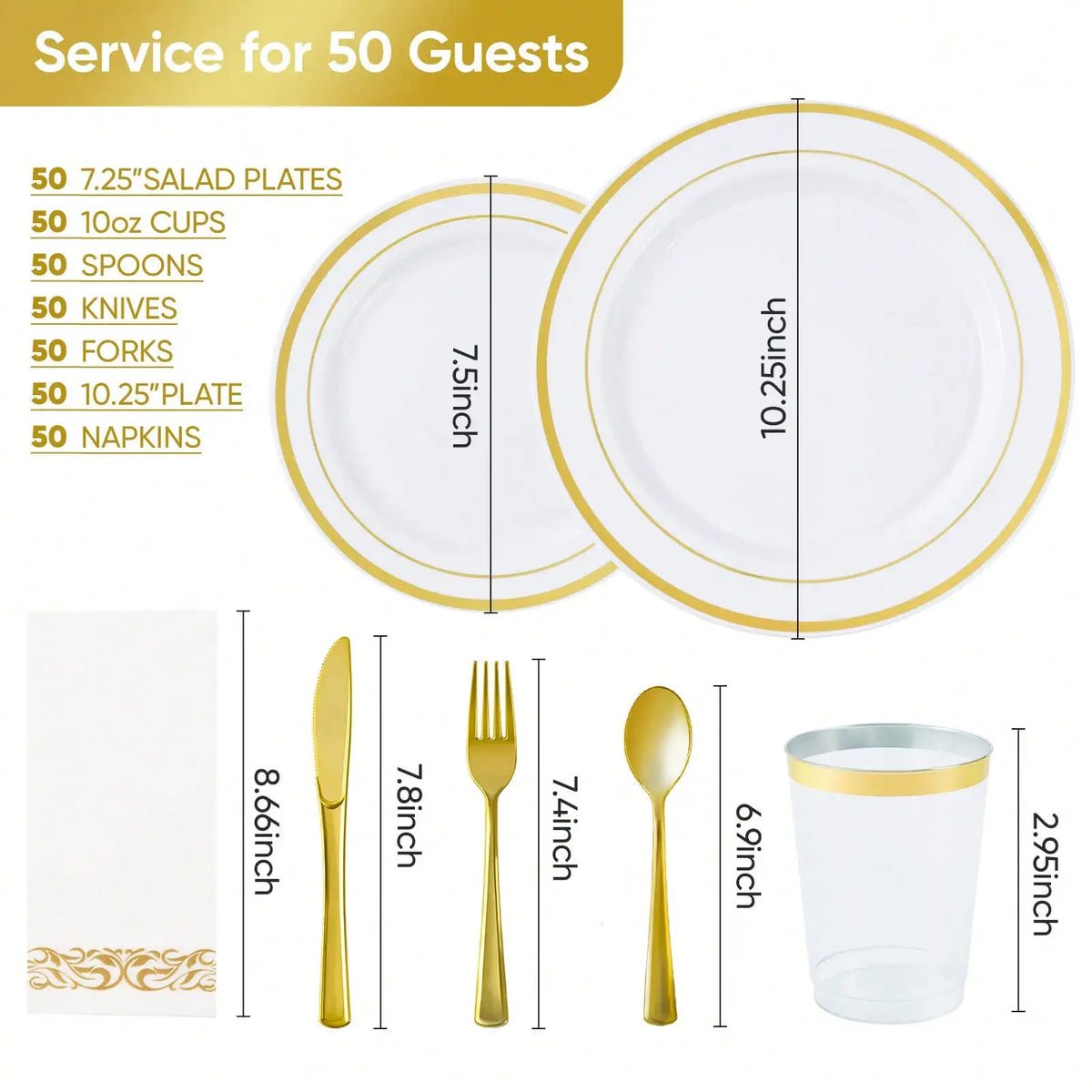 350-Piece Elegant Disposable Dinnerware, Cutlery, Cup & Napkin Set for 50 Guests – Gold or Silver Rim