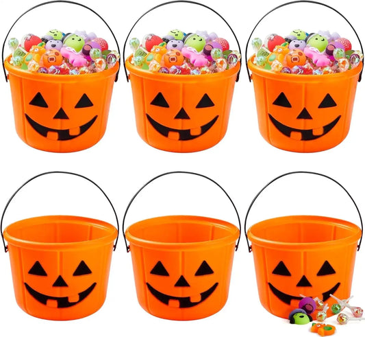 6-Pack Halloween Jack-O'-Lantern Pumpkin Trick-or-Treat Buckets – Orange Candy Pails with Handles