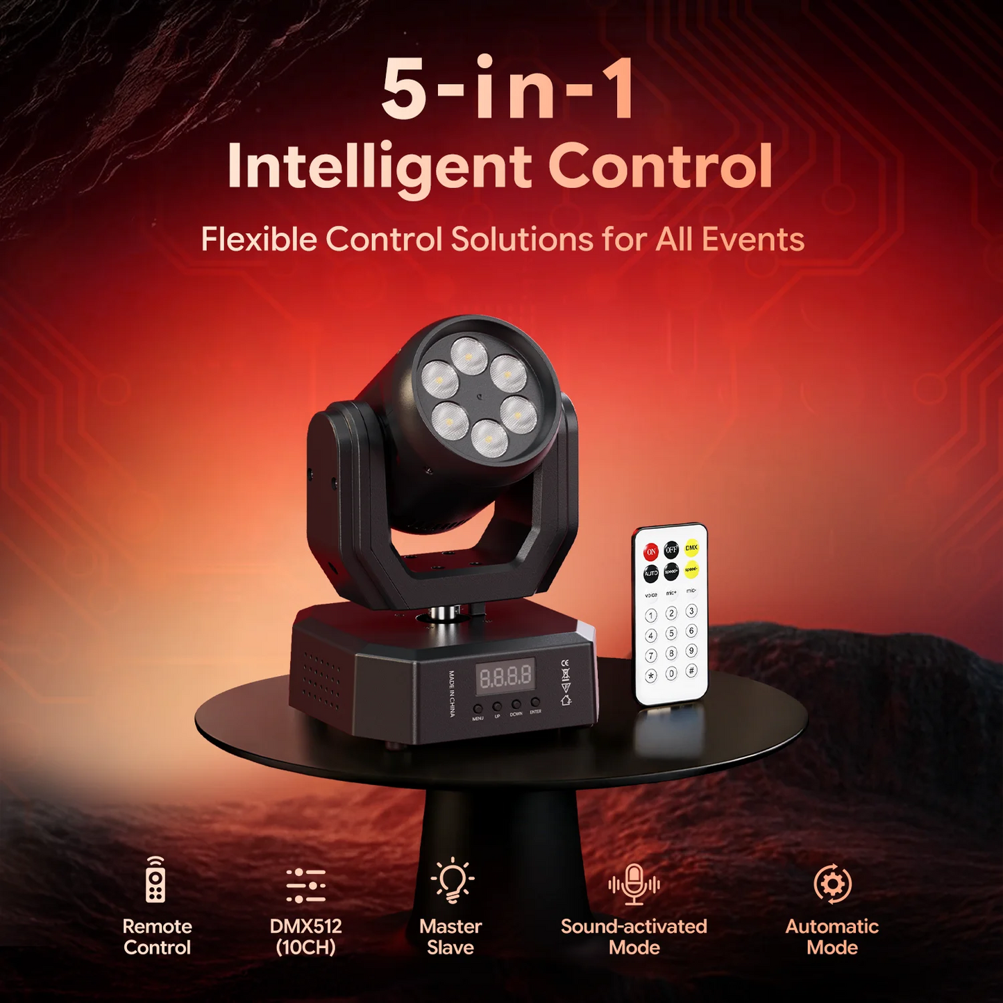 60W RGBW Mini Moving Head DJ Light – Sound Activated, DMX & Remote Stage Lighting