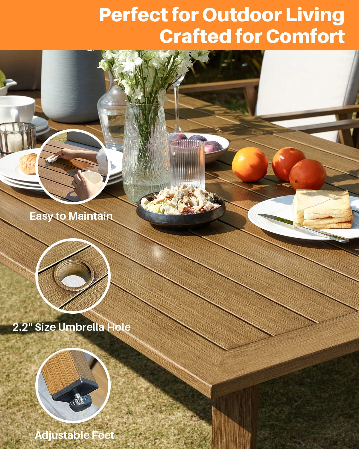 9-Piece Outdoor Aluminum Dining Set for 8 – 84.6" Patio Table with Umbrella Hole & Cushioned Chairs, Teak Finish