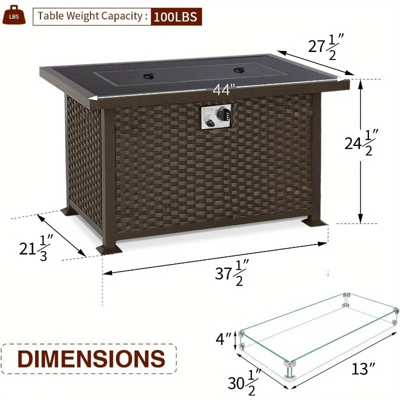 44" Outdoor Propane Fire Pit Table – 50,000 BTU with Glass Wind Guard & Brown Rattan