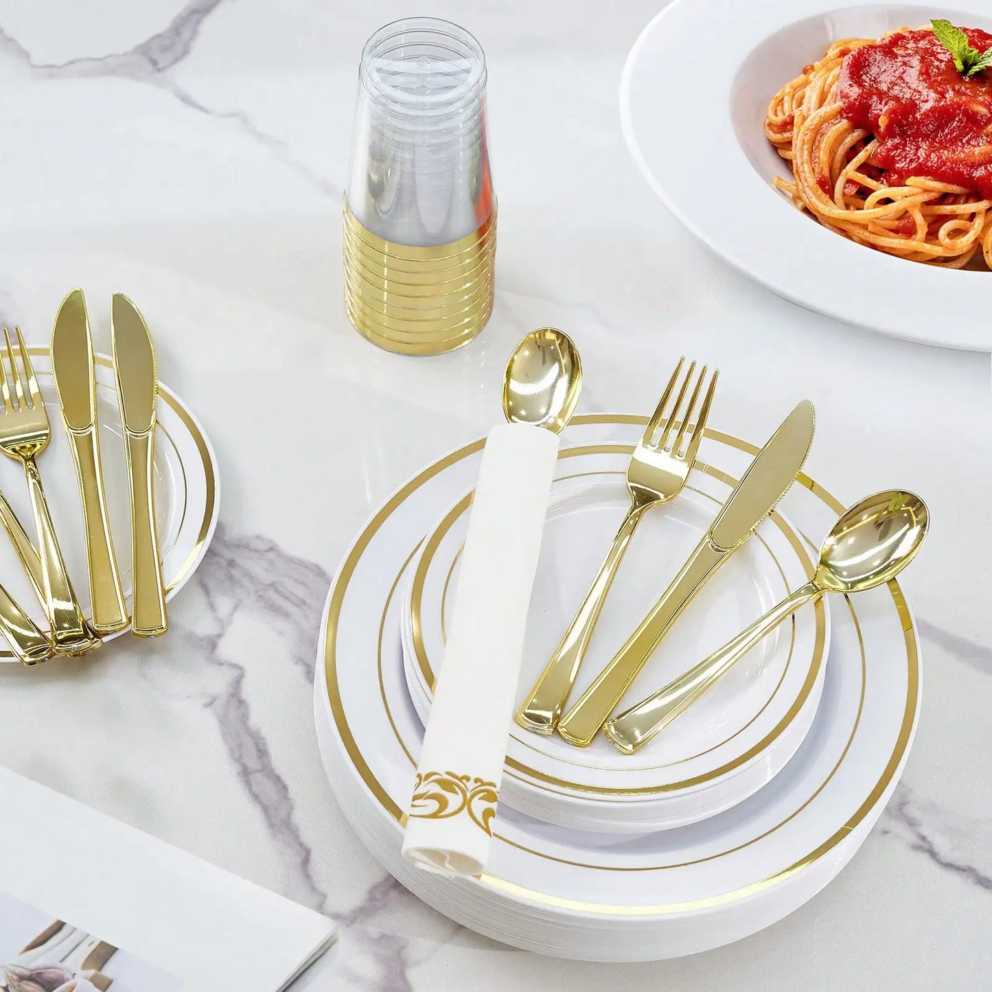 350-Piece Elegant Disposable Dinnerware, Cutlery, Cup & Napkin Set for 50 Guests – Gold or Silver Rim