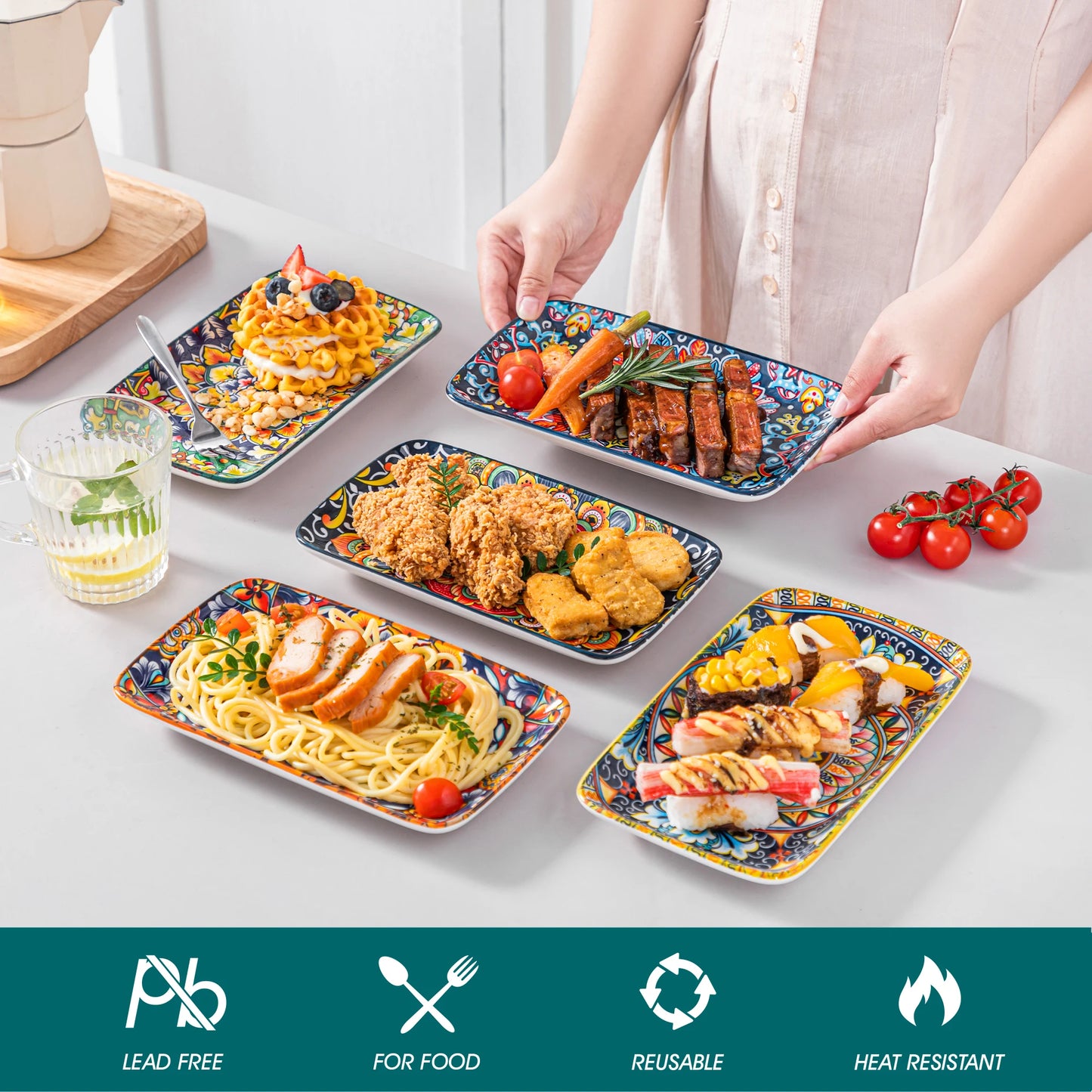 Vancasso Artisan Patterned Rectangular Serving Plates – 6 or 12 Piece Set (8.5x5.1 in / 22x13 cm)