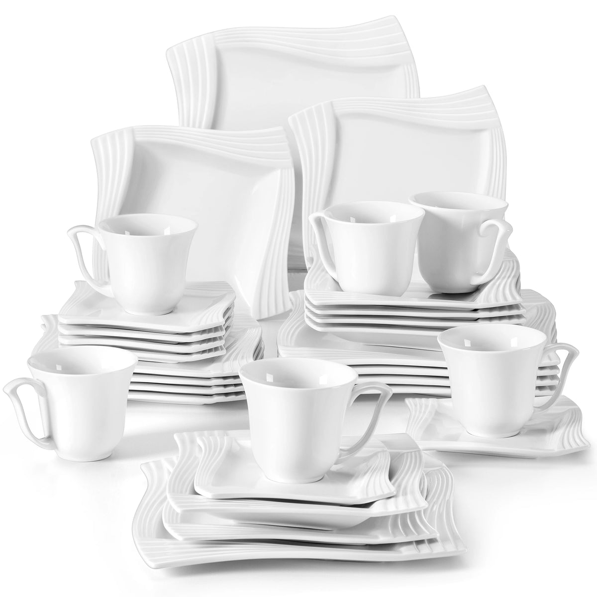 MALACASA AMPARO Ridged Ivory White Porcelain Dinnerware Set – 30 or 60 Piece, Service for 6 or 12