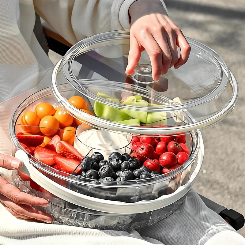 Chilled Fruit & Veggie Serving Tray with Ice Compartment, Center Dip Bowl & Flip-Top Lid