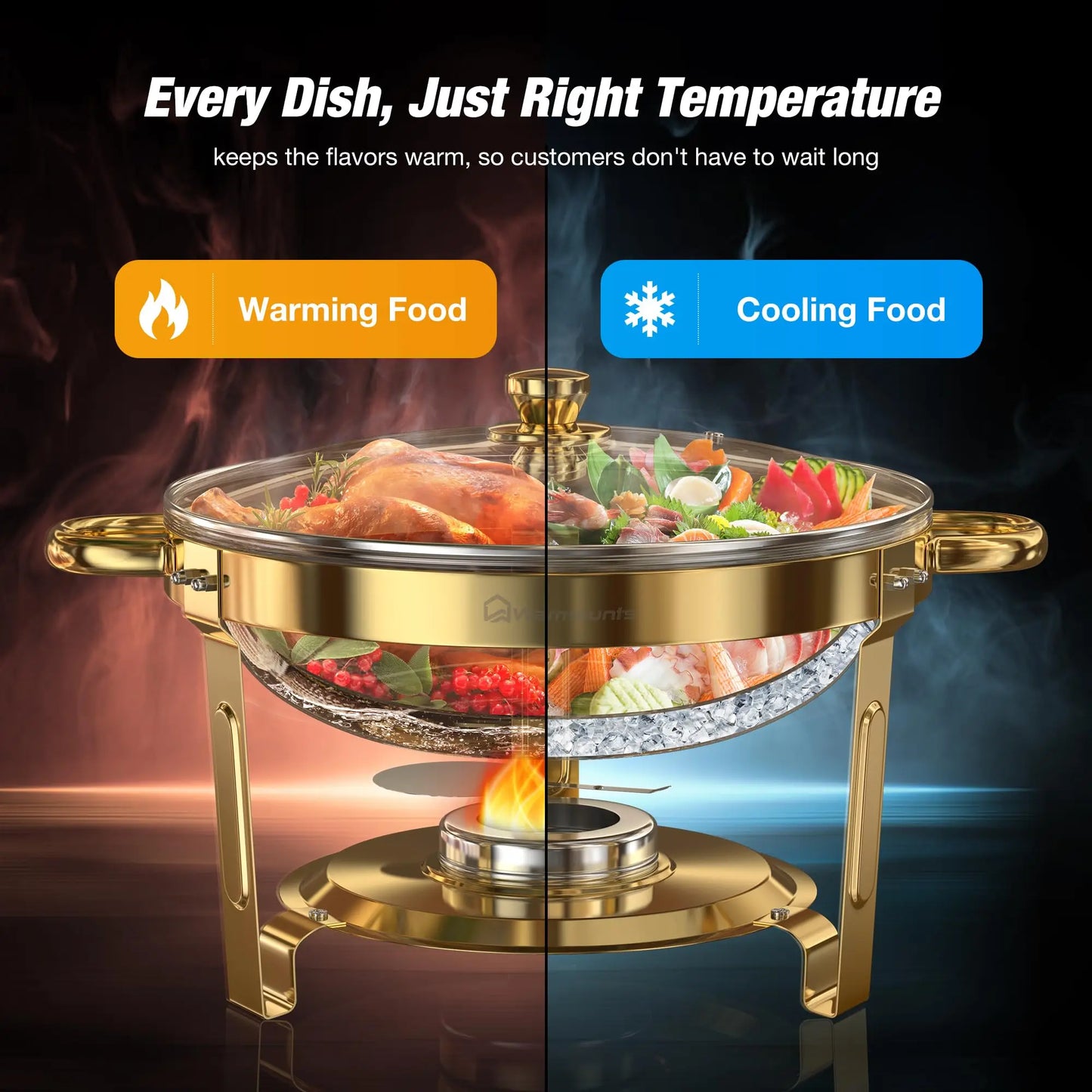 Round Chafing Dishes with Glass Lids – 5 Qt, Gold - 2 or 4 Pack