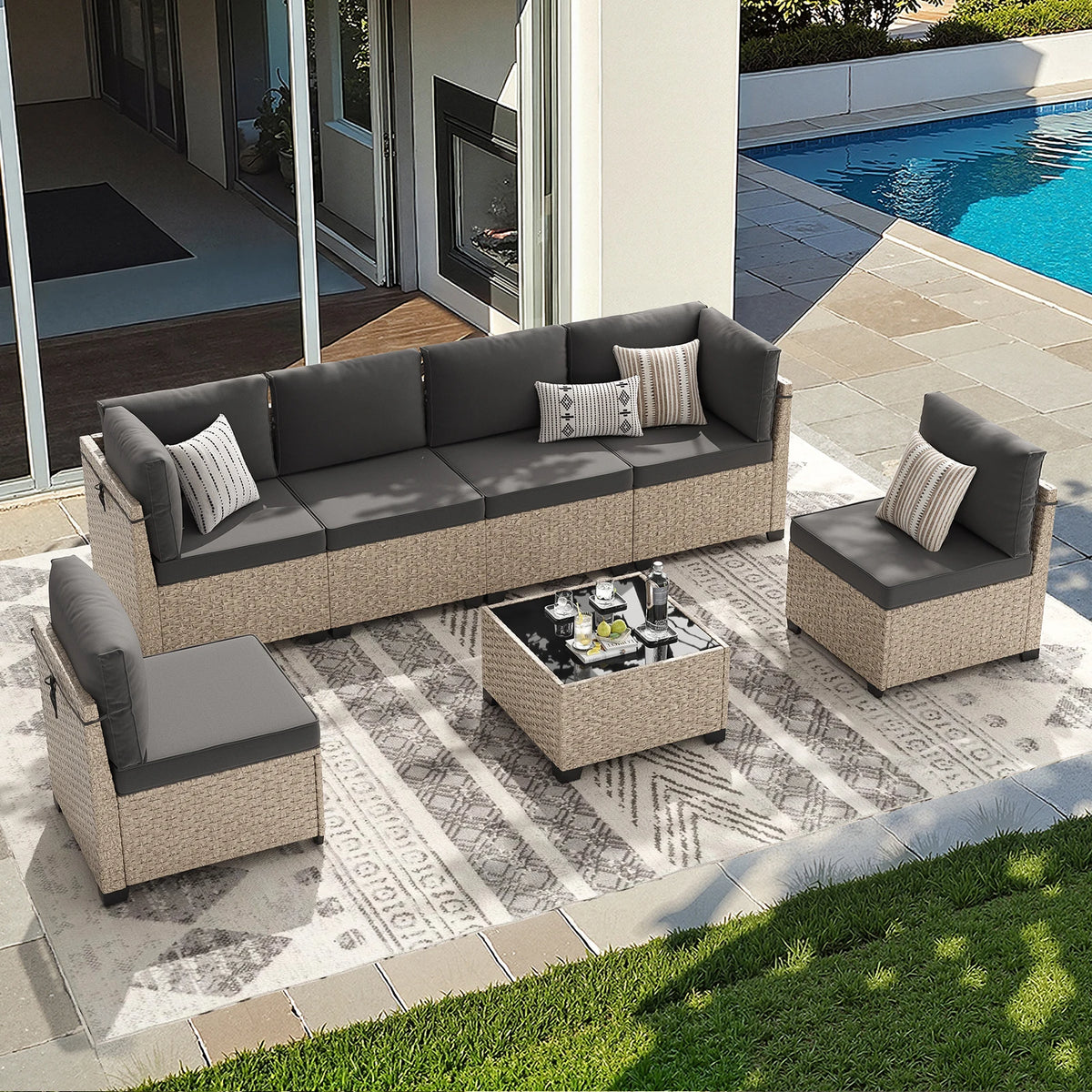 7-Piece Outdoor Rattan Sectional Sofa Set – 6-Seat Modular Patio Furniture with Tempered Glass Coffee Table