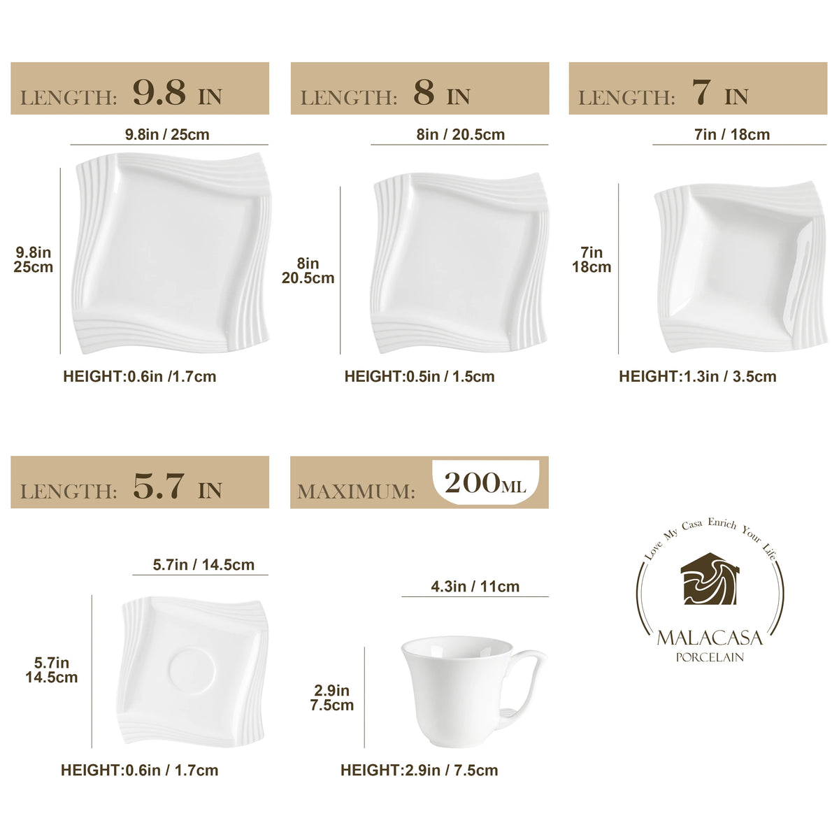 MALACASA AMPARO Ridged Ivory White Porcelain Dinnerware Set – 30 or 60 Piece, Service for 6 or 12