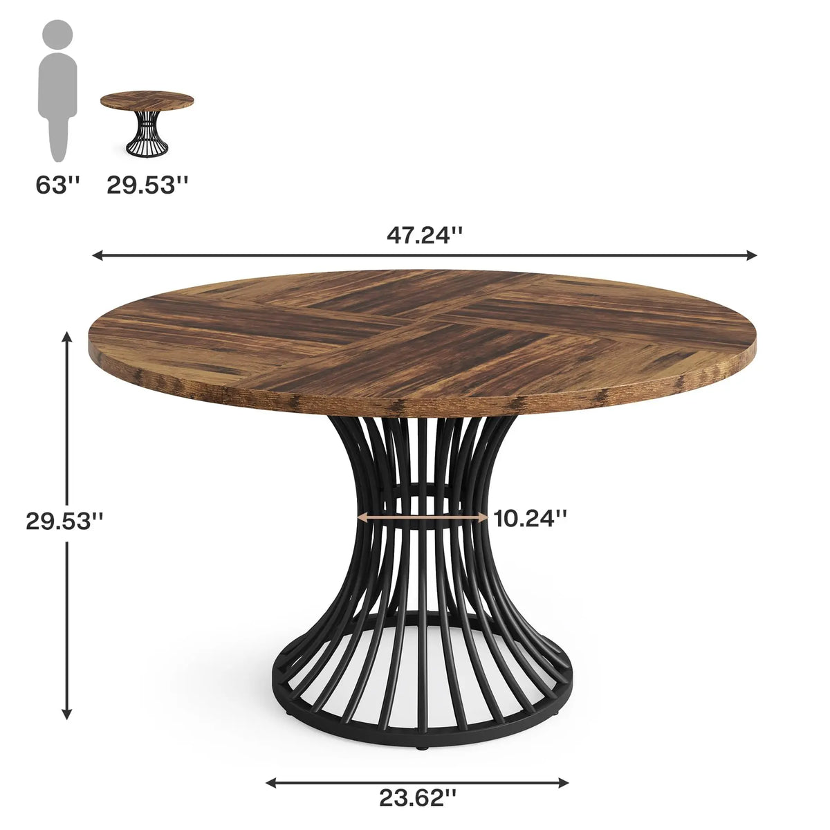 Tribesigns 47" Round Dining Table for 4–6 – Farmhouse Wood Table with Sculptural Metal Base