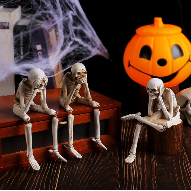3-Piece Hear No See No Speak No Evil Skeleton Figurine Set – Gothic Halloween Tabletop Décor