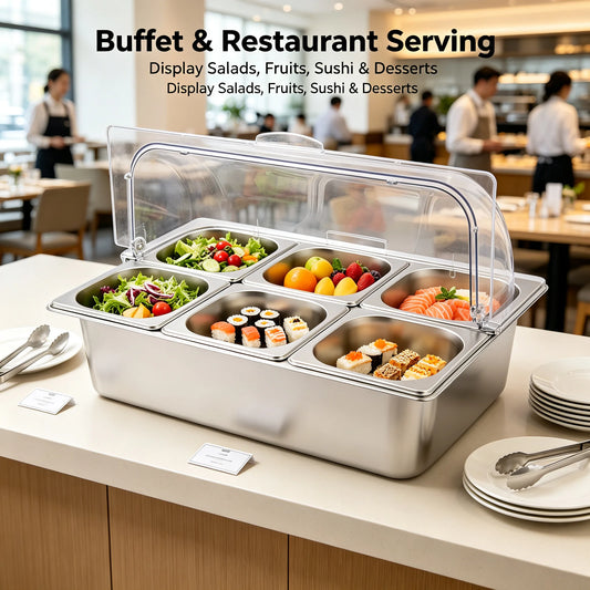 6-Pan Hot & Cold Buffet Serving Station with Roll-Top Cover