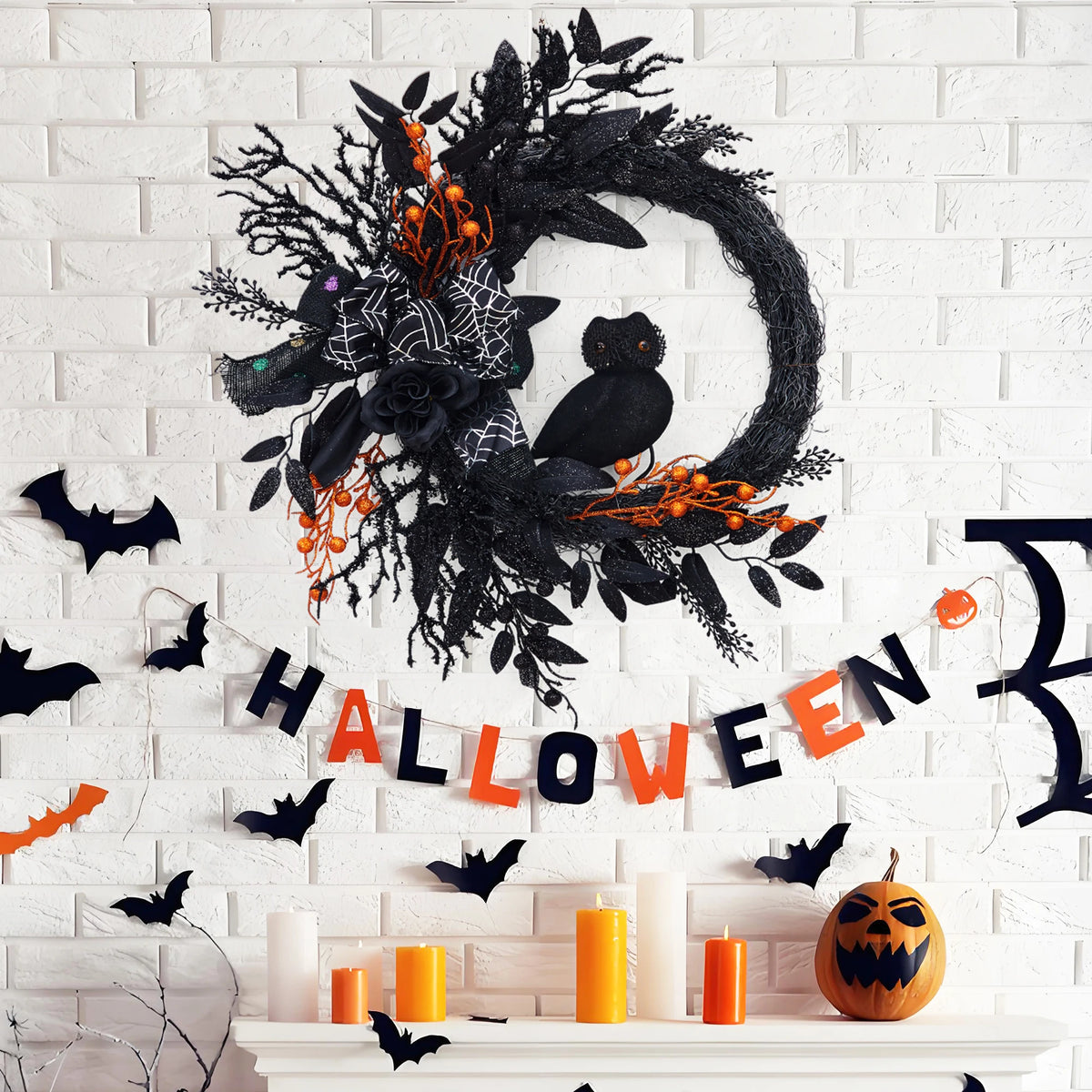 22" Black Halloween Wreath with Owl, Spider Web & Orange Berries