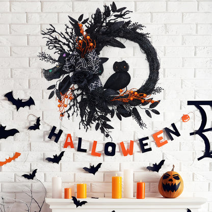 22" Black Halloween Wreath with Owl, Spider Web & Orange Berries