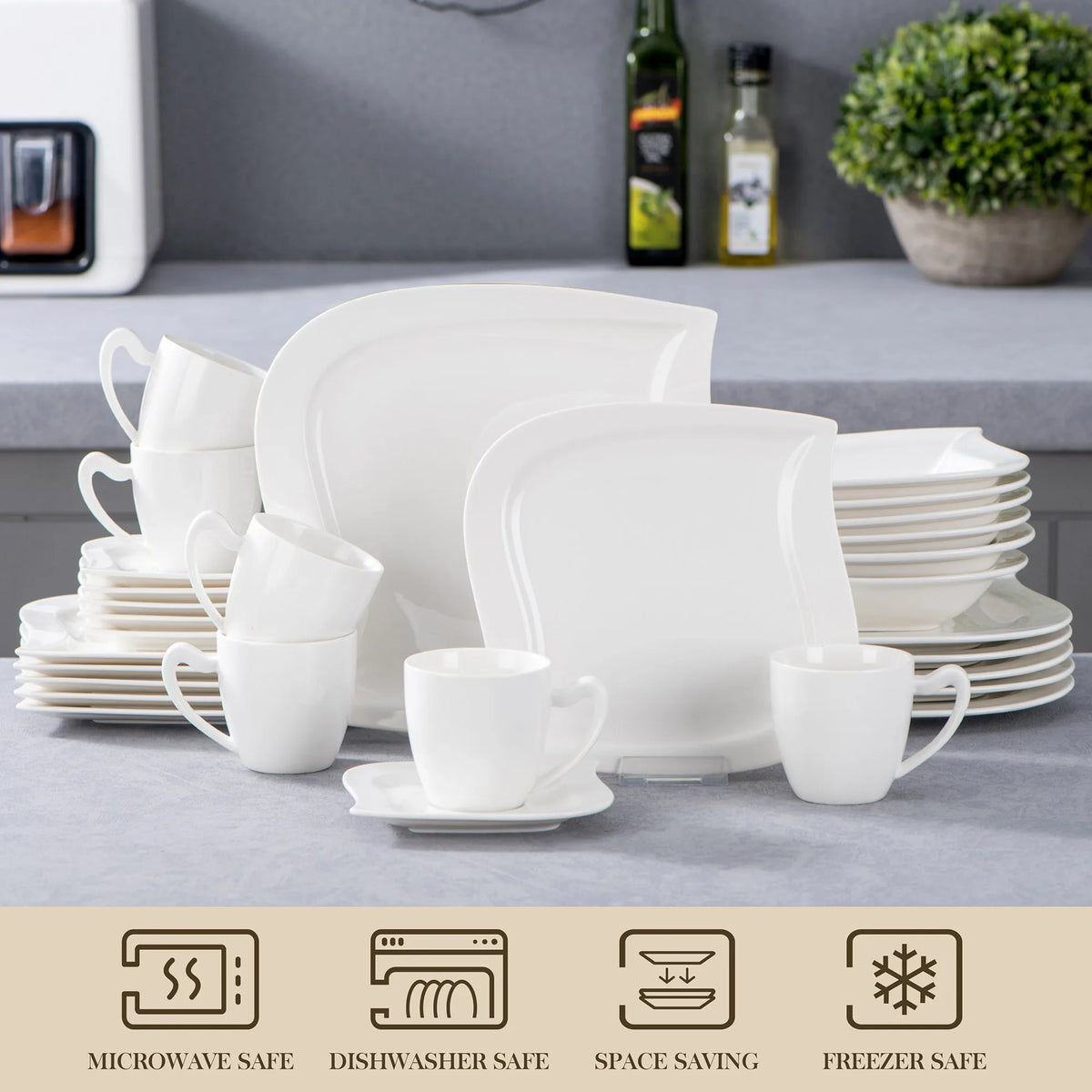 MALACASA ELVIRA Ivory White or Grey Marble Porcelain Dinnerware Set – 30 or 60 Piece, Service for 6 or 12