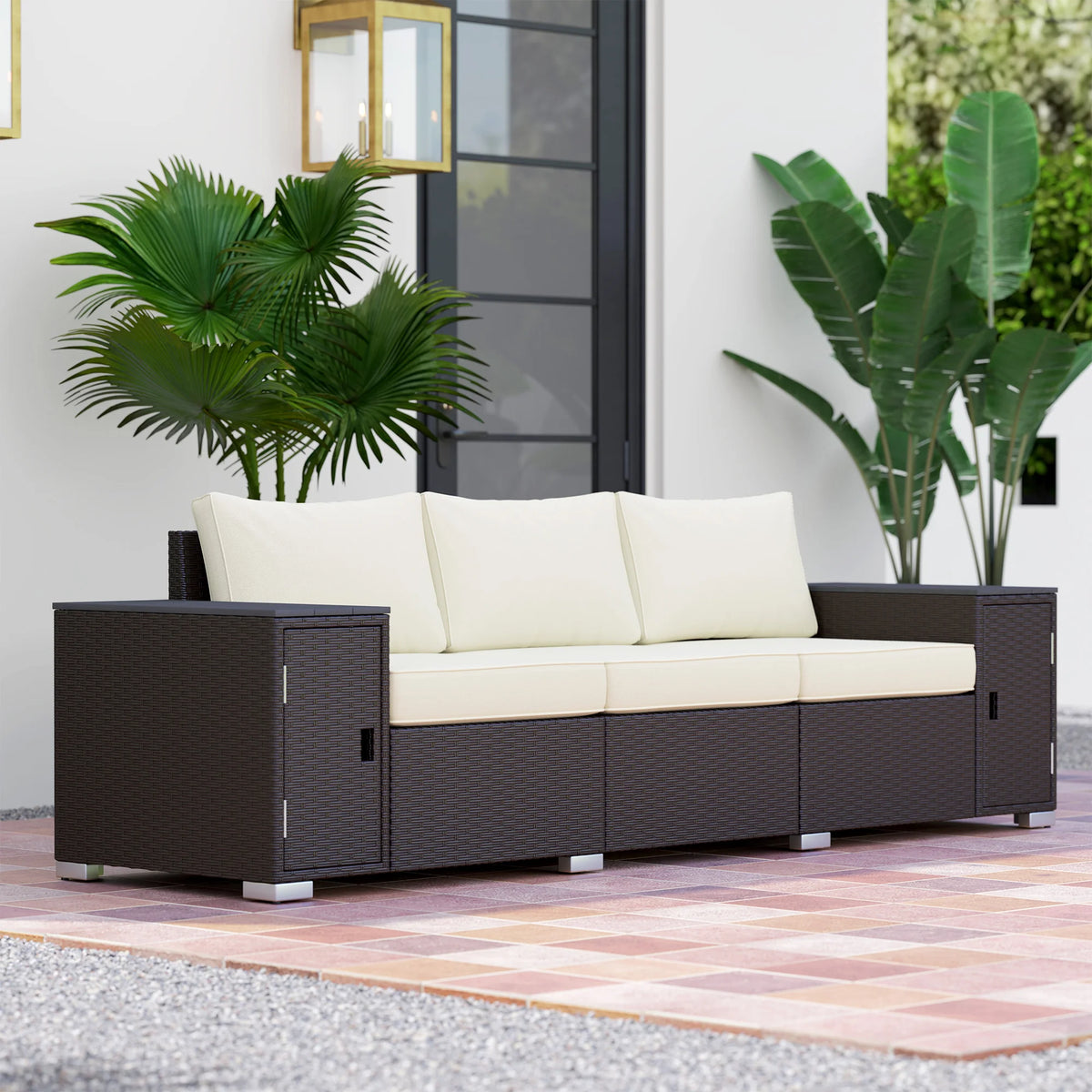 3-Seater Outdoor Wicker Sofa with Hidden Storage & Thick Cushions – Cream White