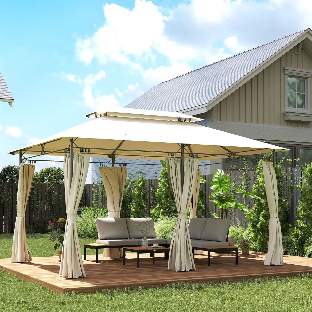 10 × 13FT Double-Roof Patio Gazebo with Removable Curtains – Cream White