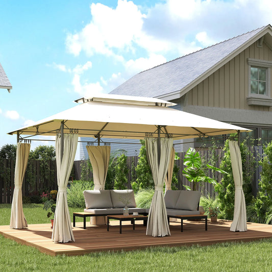 10 × 13FT Double-Roof Patio Gazebo with Removable Curtains – Cream White