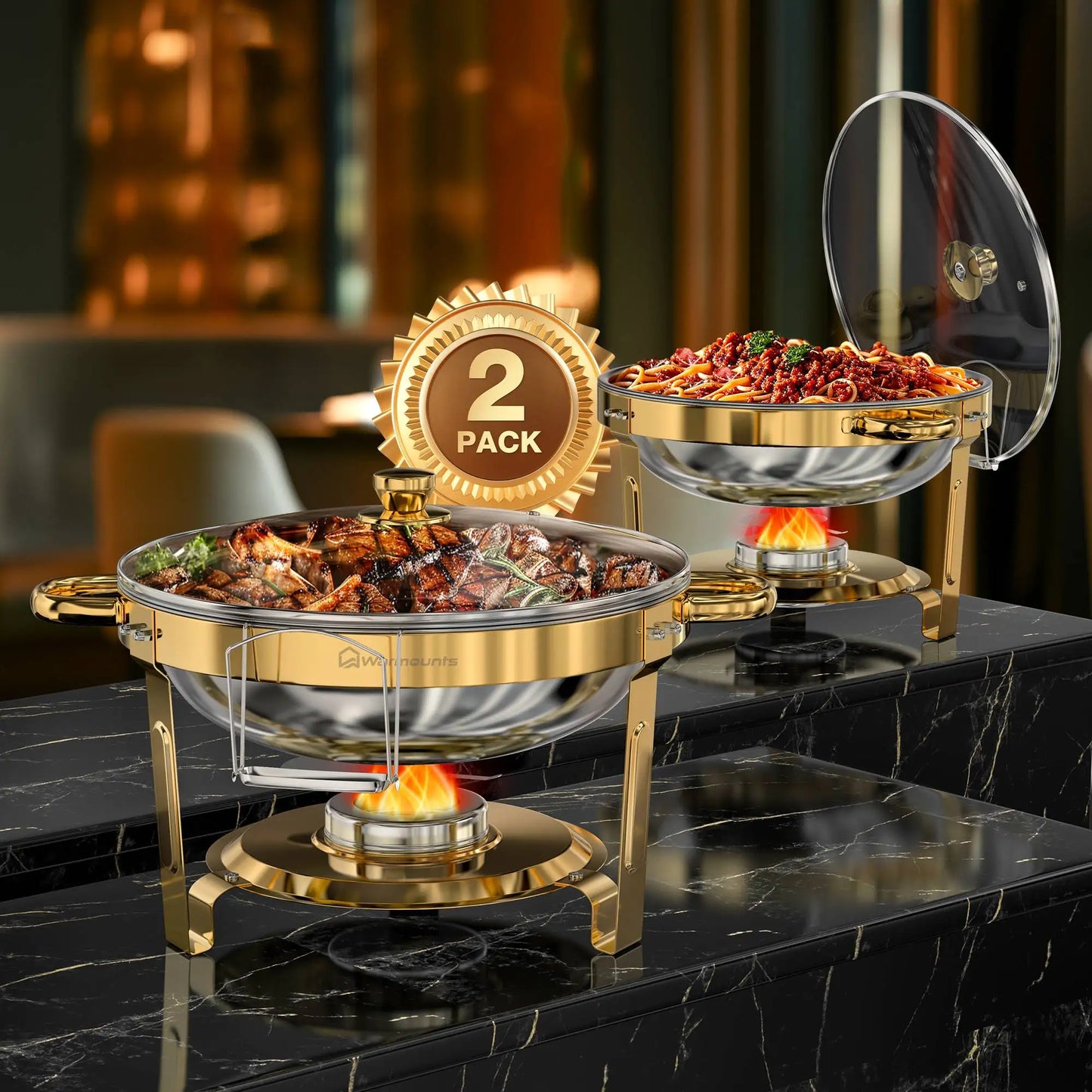 Round Chafing Dishes with Glass Lids – 5 Qt, Gold - 2 or 4 Pack