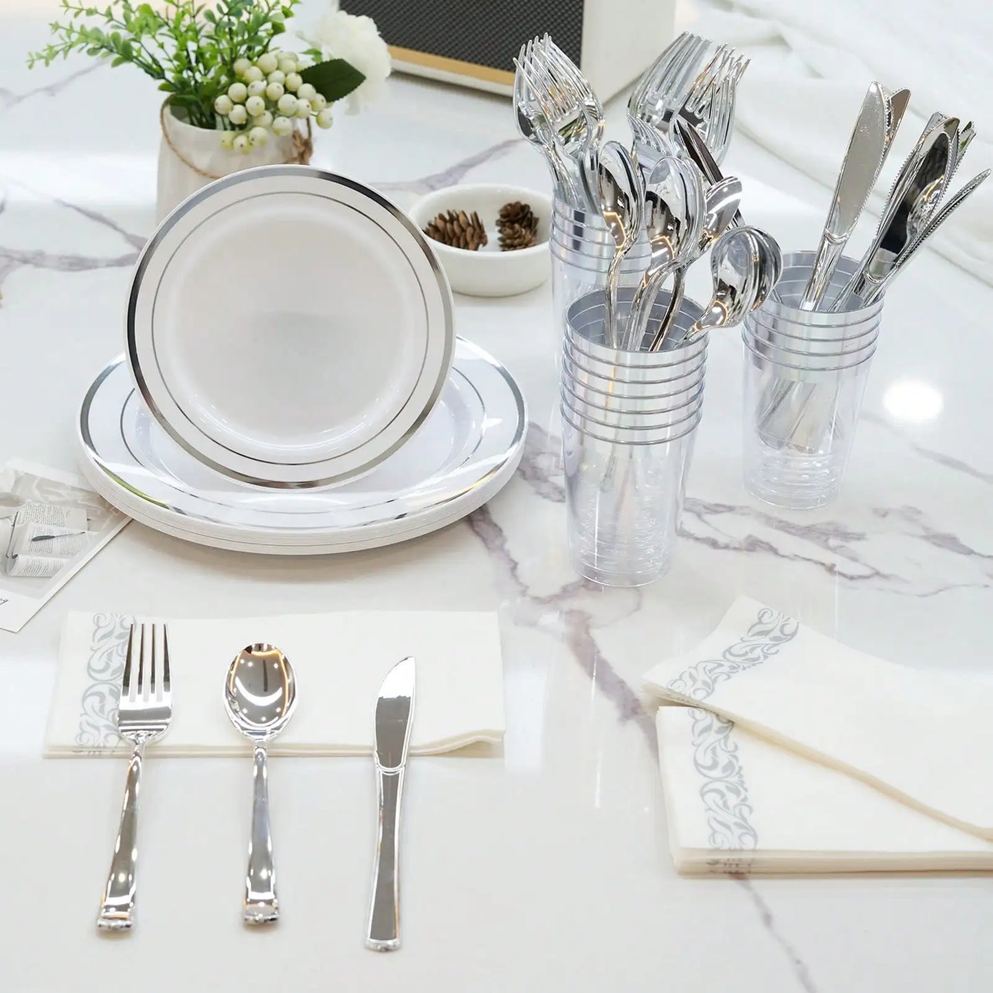 350-Piece Elegant Disposable Dinnerware, Cutlery, Cup & Napkin Set for 50 Guests – Gold or Silver Rim