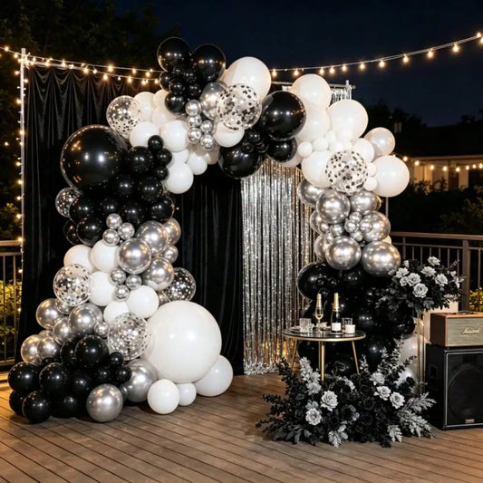 92-Piece Black, White & Silver Balloon Garland Arch Kit with Pump