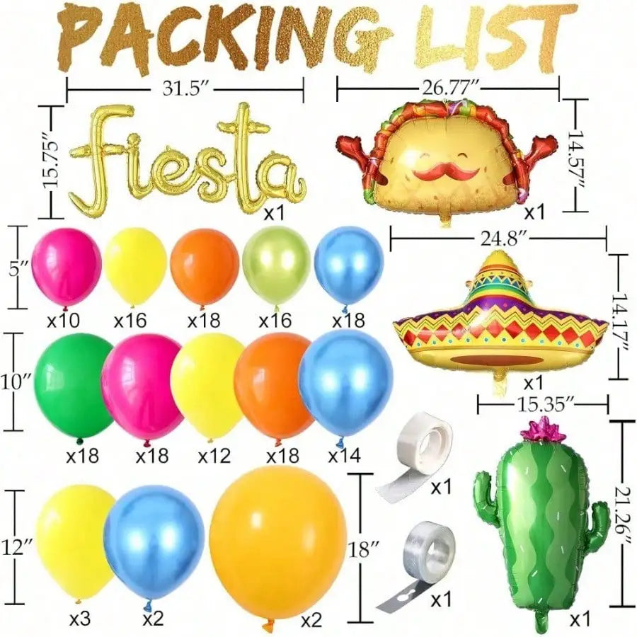 Fiesta Balloon Garland Arch Kit – Colorful Balloons with Taco, Sombrero, Cactus & Fiesta Foil Balloons
