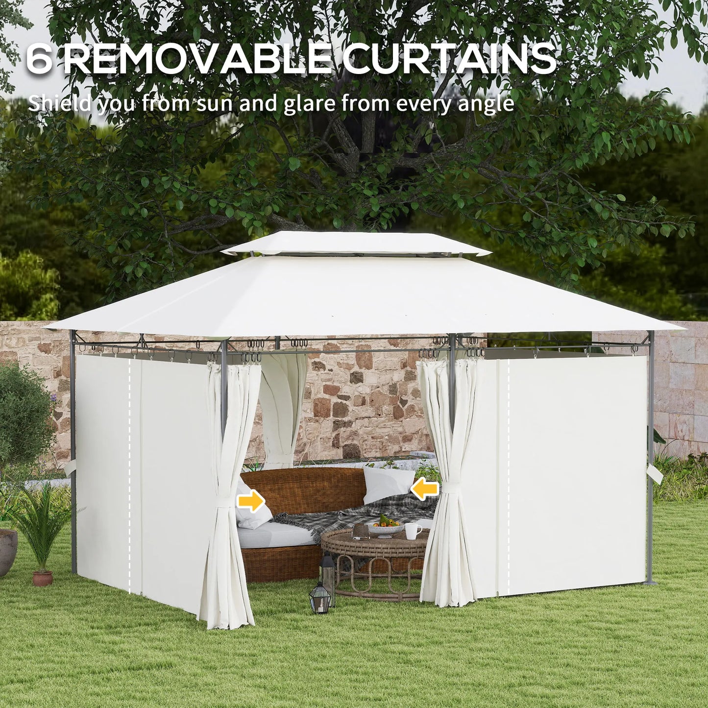 10 × 13FT Double-Roof Patio Gazebo with Removable Curtains – Cream White