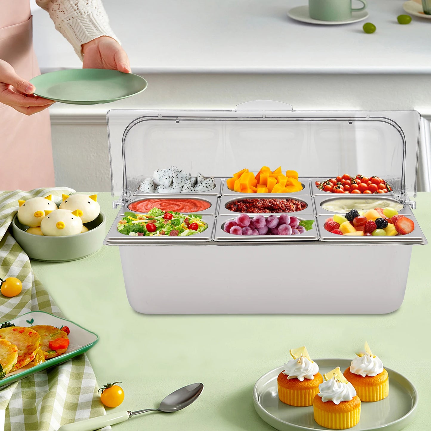 9-Compartment Stainless Steel Chilled Serving Station with Flip Top Lid