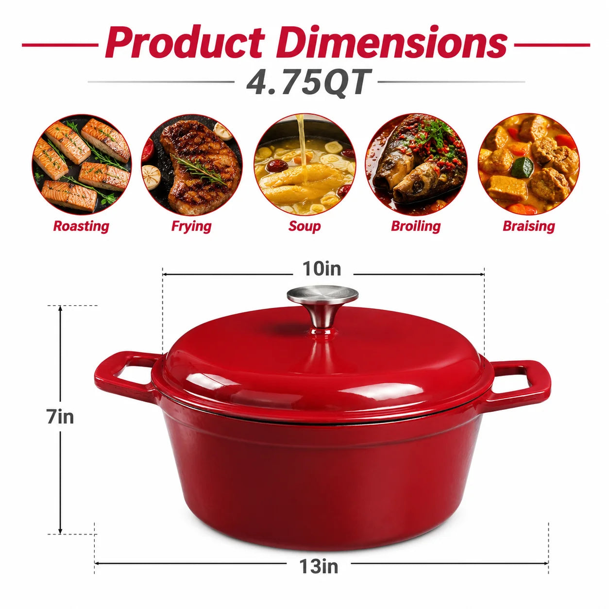 4.75 Qt Enameled Cast Iron Dutch Oven with Lid – Oven & Induction Safe for Bread, Braising & Stewing