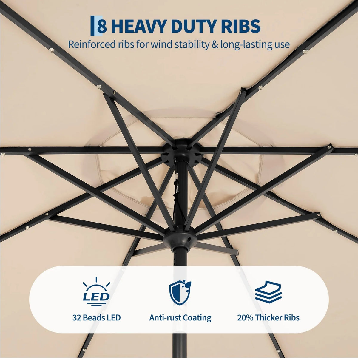 9FT/10FT Solar LED Patio Umbrella with 32 Lights