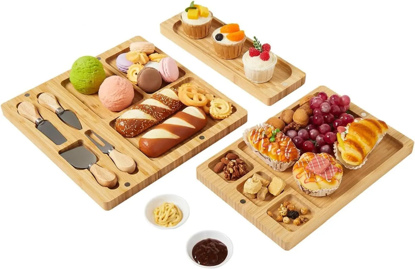 3-Piece Magnetic Bamboo Charcuterie Board Set – 25.2" Modular Cheese Board with 4 Knives & 2 Bowls