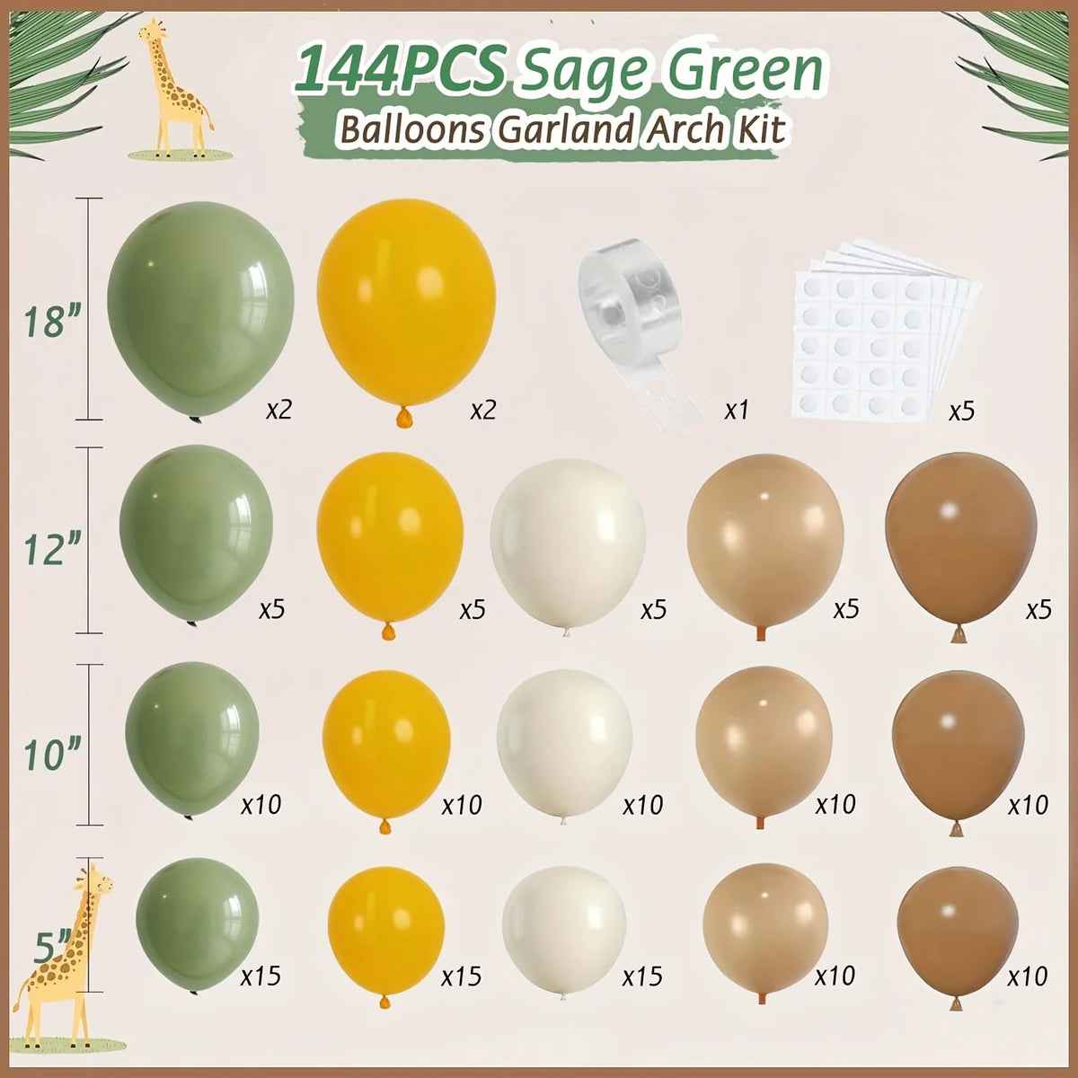 146-Piece Sage Green & Mustard Balloon Garland Arch Kit – Nude, Tan, Brown & White Party Balloons