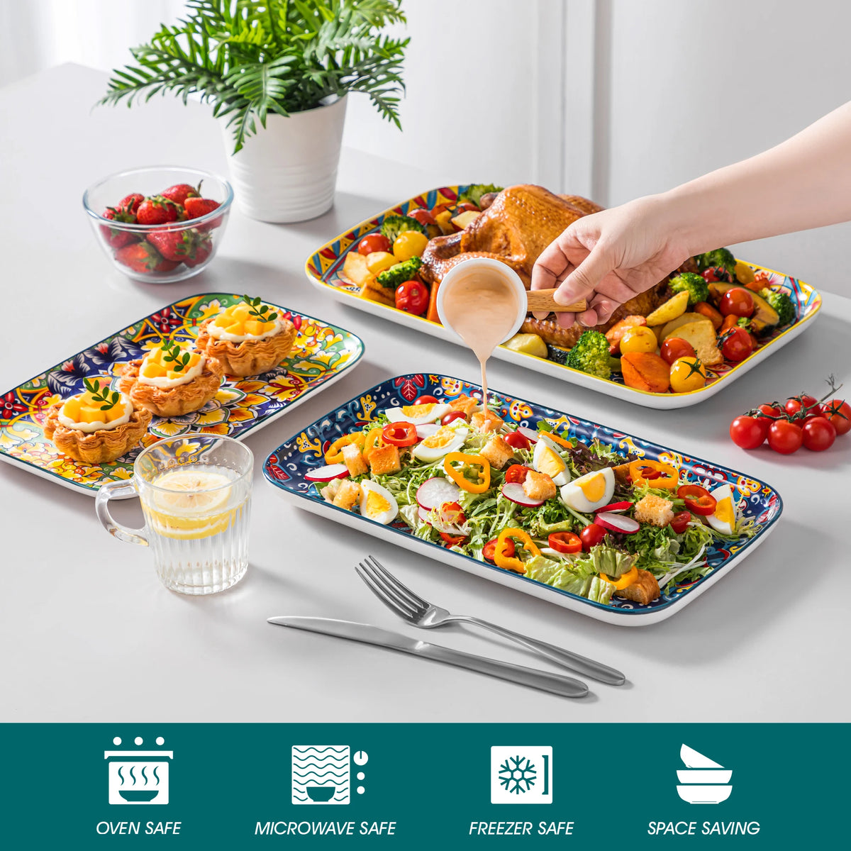 Vancasso Artisan Patterned Rectangular Serving Platters – 3 or 6 Piece Set