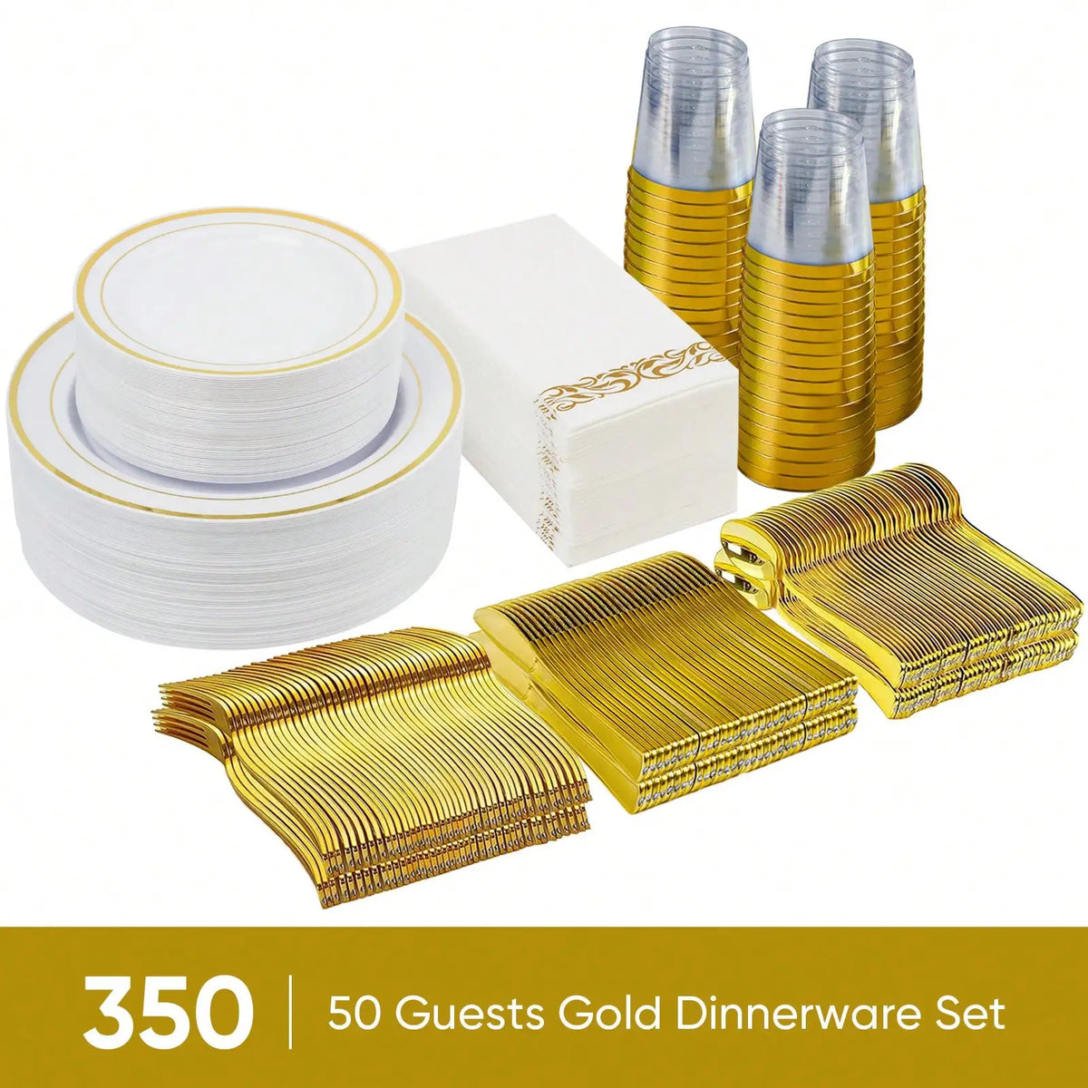 350-Piece Elegant Disposable Dinnerware, Cutlery, Cup & Napkin Set for 50 Guests – Gold or Silver Rim