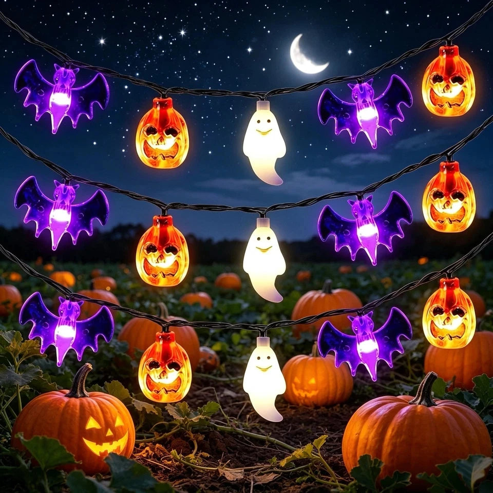20-Ft Halloween Pumpkin, Bat & Ghost String Lights – 30 LED Battery-Operated Lights with Remote