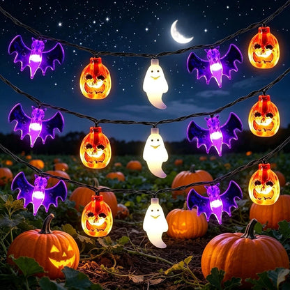 20-Ft Halloween Pumpkin, Bat & Ghost String Lights – 30 LED Battery-Operated Lights with Remote