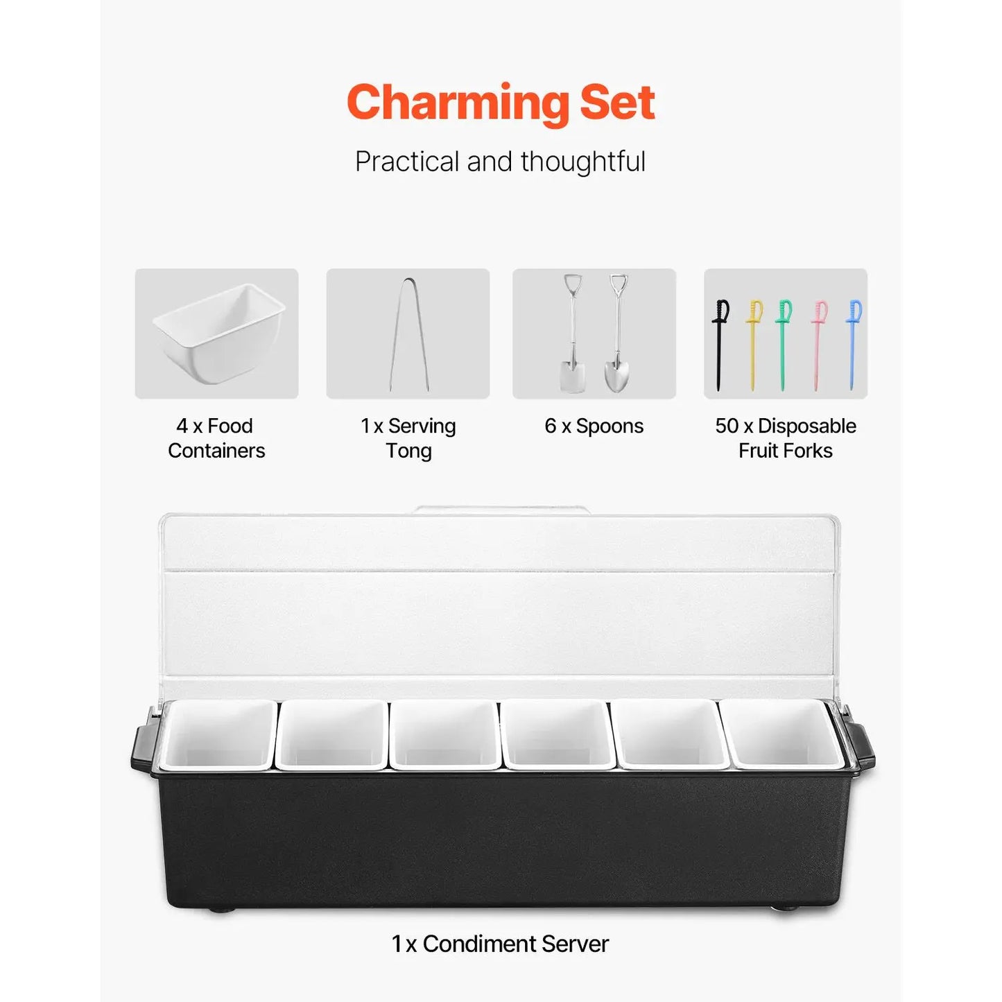 6-Compartment Chilled Condiment & Garnish Server with Lid – Ice-Cooled Bar, Taco & Salad Caddy