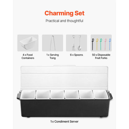6-Compartment Chilled Condiment & Garnish Server with Lid – Ice-Cooled Bar, Taco & Salad Caddy