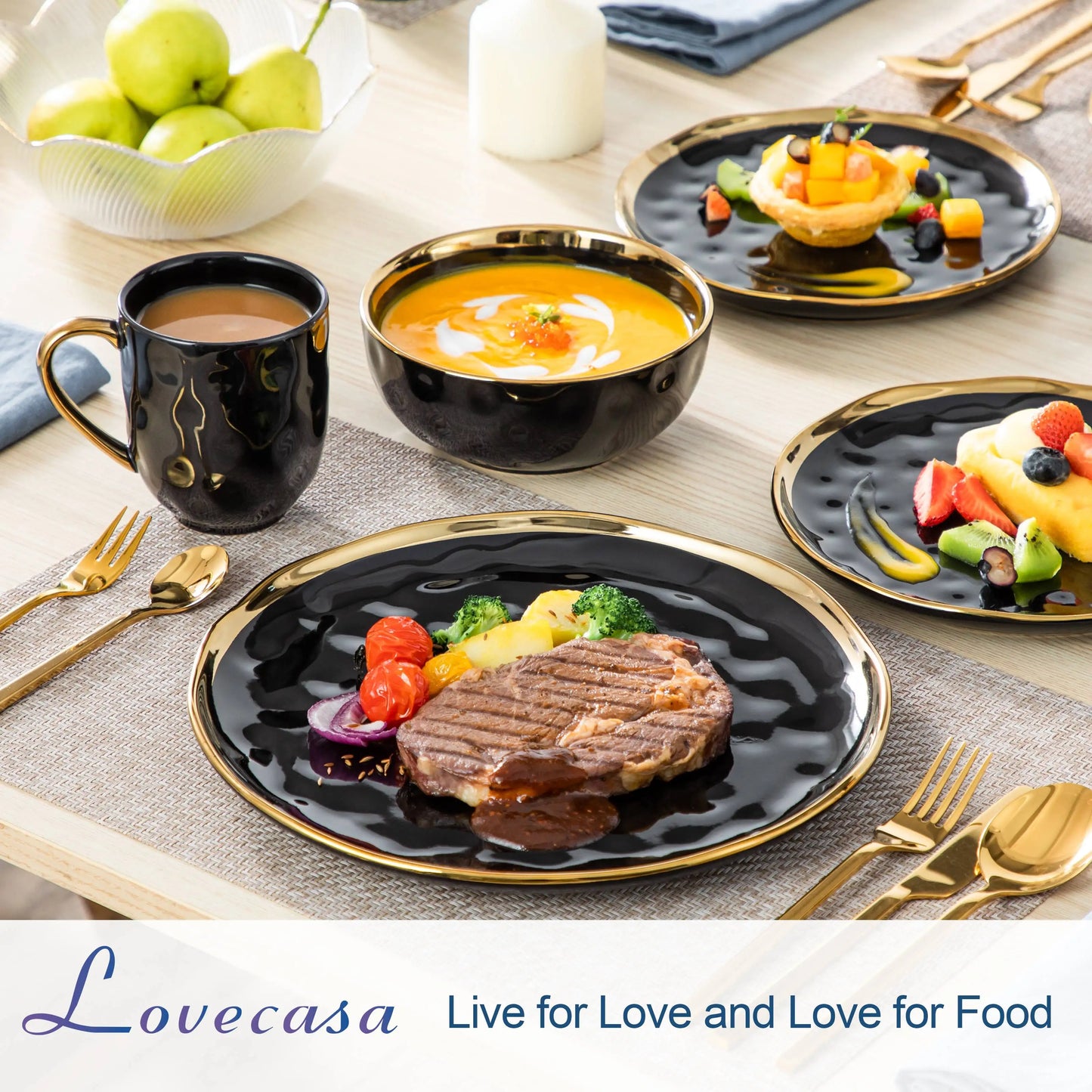MALACASA Luxe Black & Gold Porcelain Dinnerware Set – 16 or 32 Piece