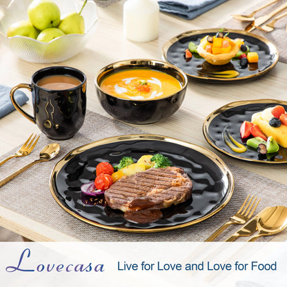 MALACASA Luxe Black & Gold Porcelain Dinnerware Set – 16 or 32 Piece