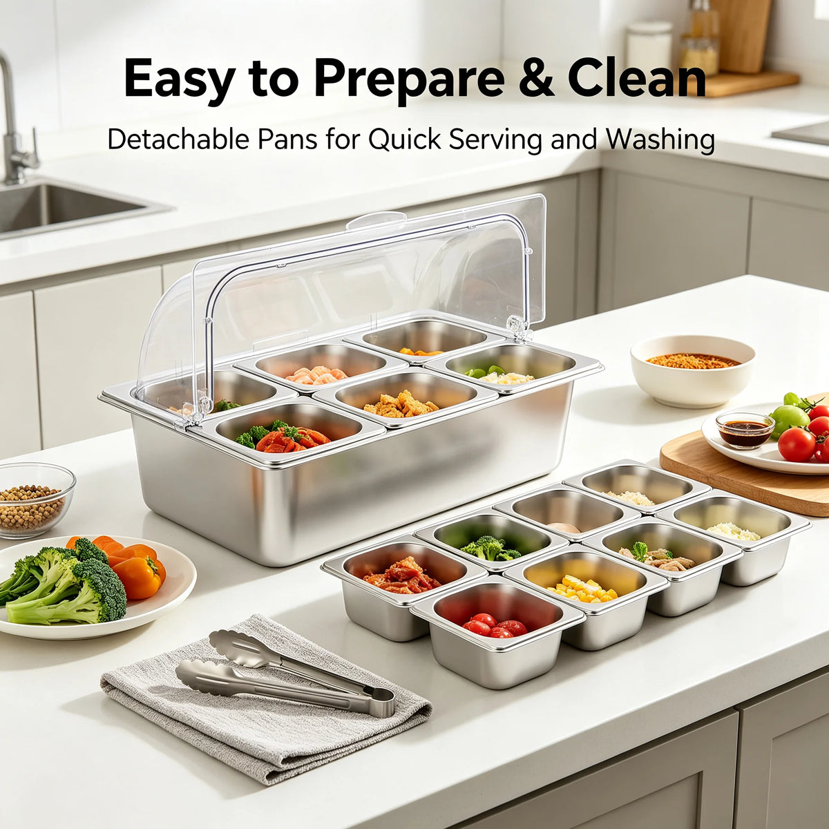 6-Pan Hot & Cold Buffet Serving Station with Roll-Top Cover